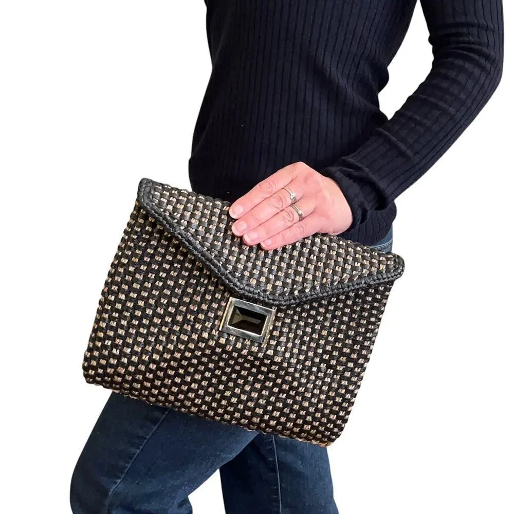 Kara Ross NY Woven Straw Black Leather Onyx Embellished Envelope Clutch Handbag